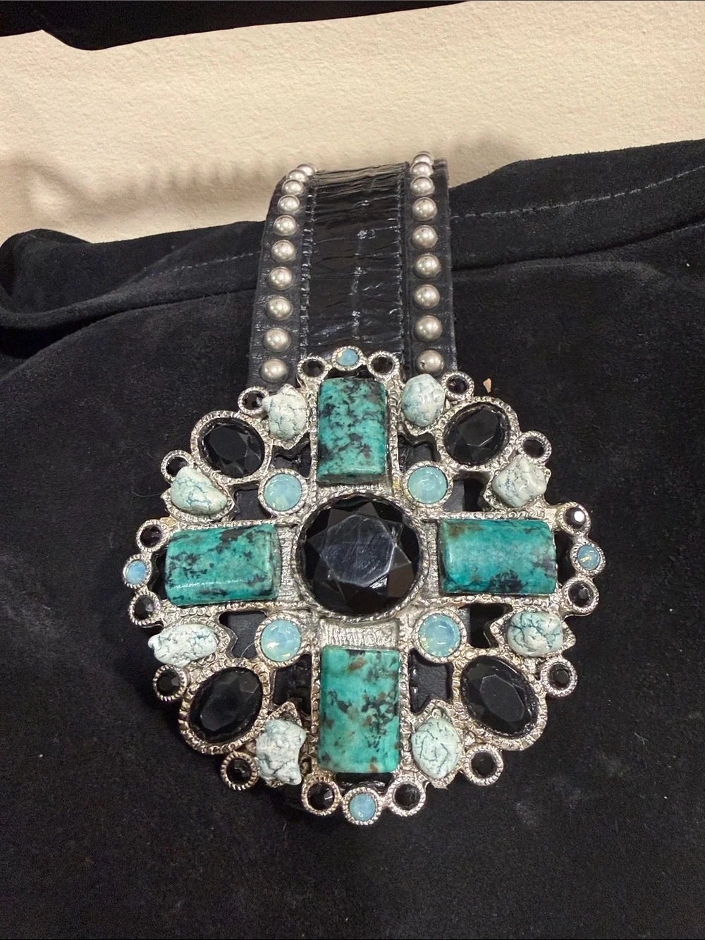 Leatherock Black Suede Hobo with Turquoise Jewel Medallion